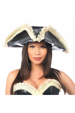Black Pirate Hat in Faux Leather and  Cream Lace Trim