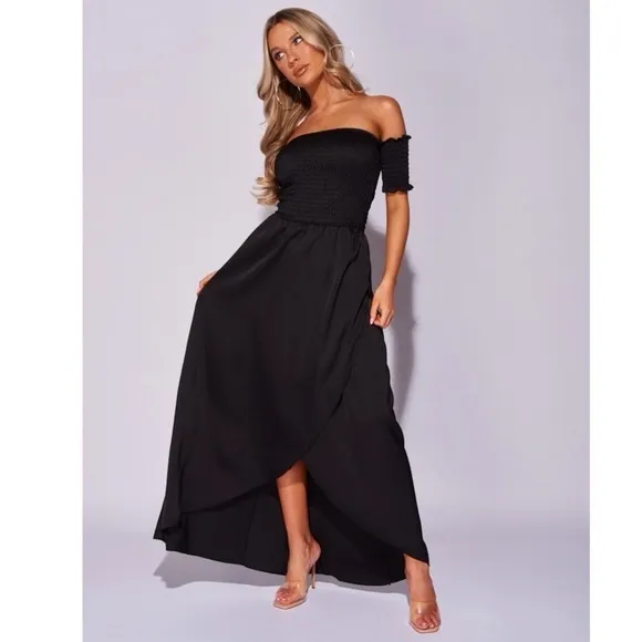 Black Satin Silk Off Shoulder Short Sleeve Ruched Hi-Low Maxi Dress