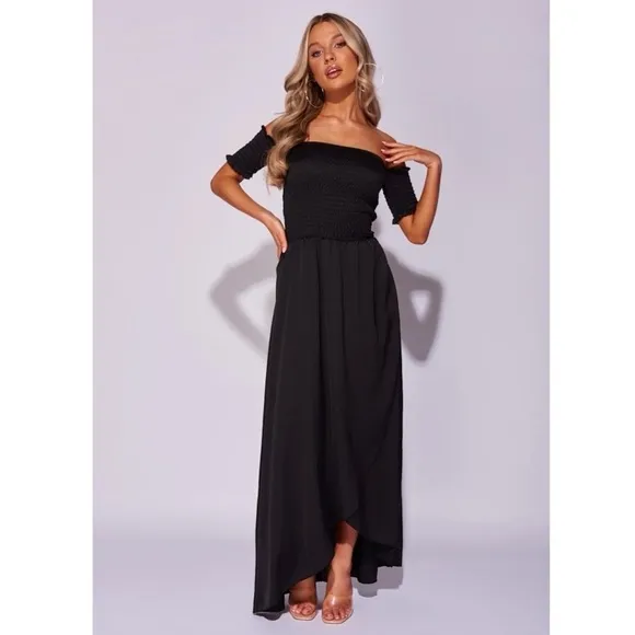 Black Satin Silk Off Shoulder Short Sleeve Ruched Hi-Low Maxi Dress