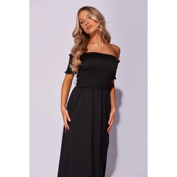 Black Satin Silk Off Shoulder Short Sleeve Ruched Hi-Low Maxi Dress