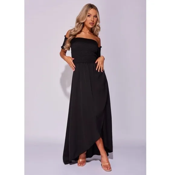 Black Satin Silk Off Shoulder Short Sleeve Ruched Hi-Low Maxi Dress