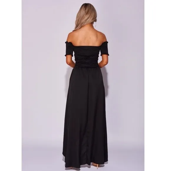 Black Satin Silk Off Shoulder Short Sleeve Ruched Hi-Low Maxi Dress