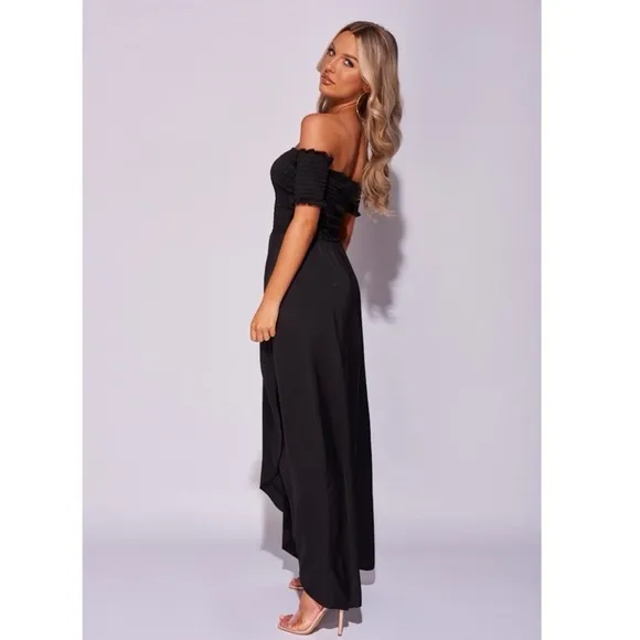 Black Satin Silk Off Shoulder Short Sleeve Ruched Hi-Low Maxi Dress