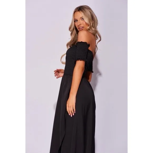 Black Satin Silk Off Shoulder Short Sleeve Ruched Hi-Low Maxi Dress