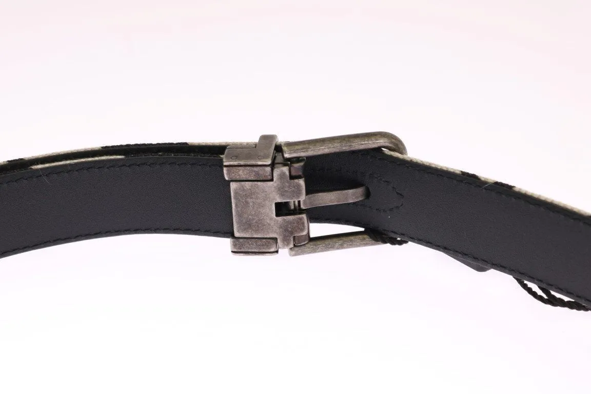 Black White Striped Linen Leather Belt