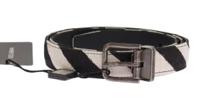 Black White Striped Linen Leather Belt