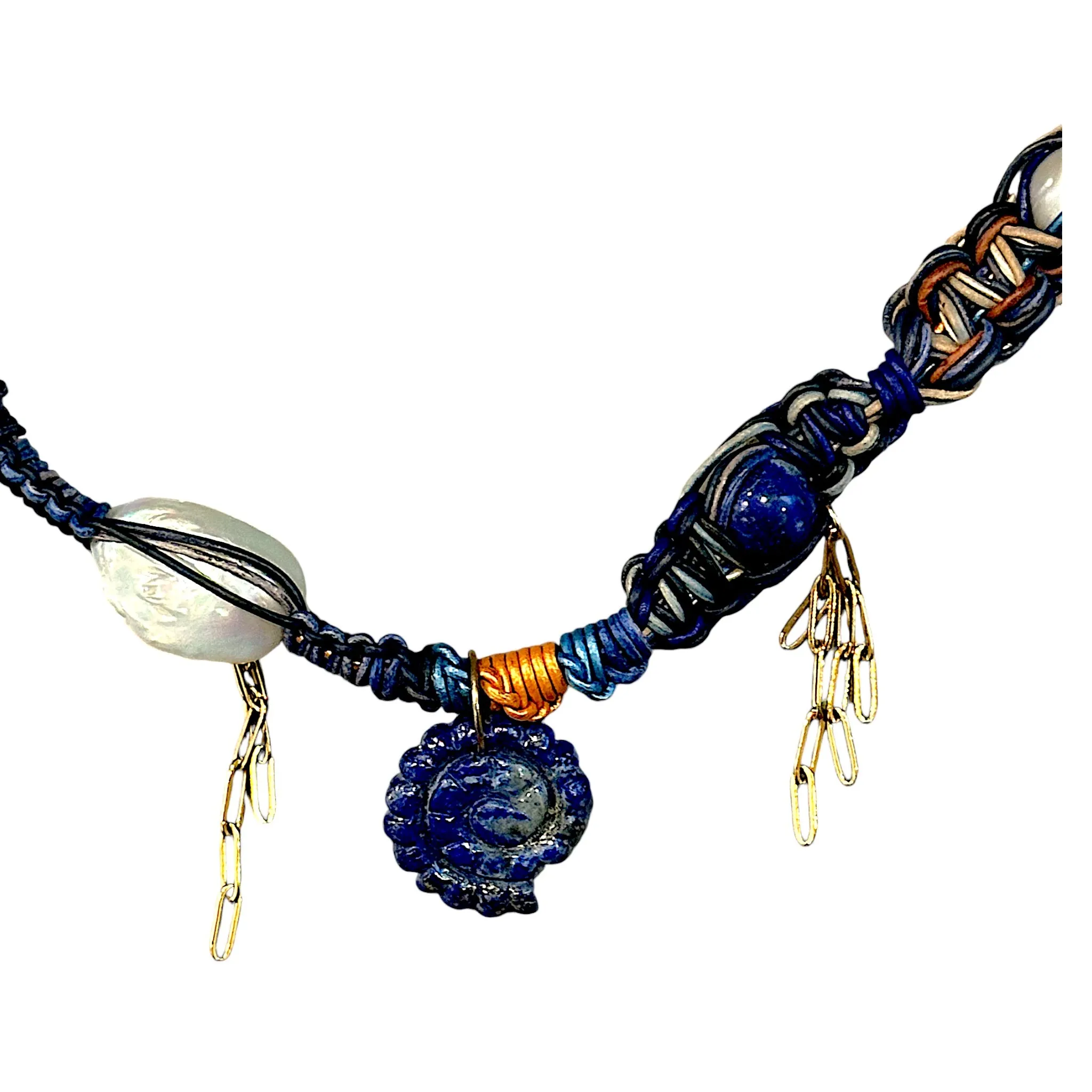 BLUE DREAM LAPIS SEASHELL LEATHER ROCKSTAR NECKLACE
