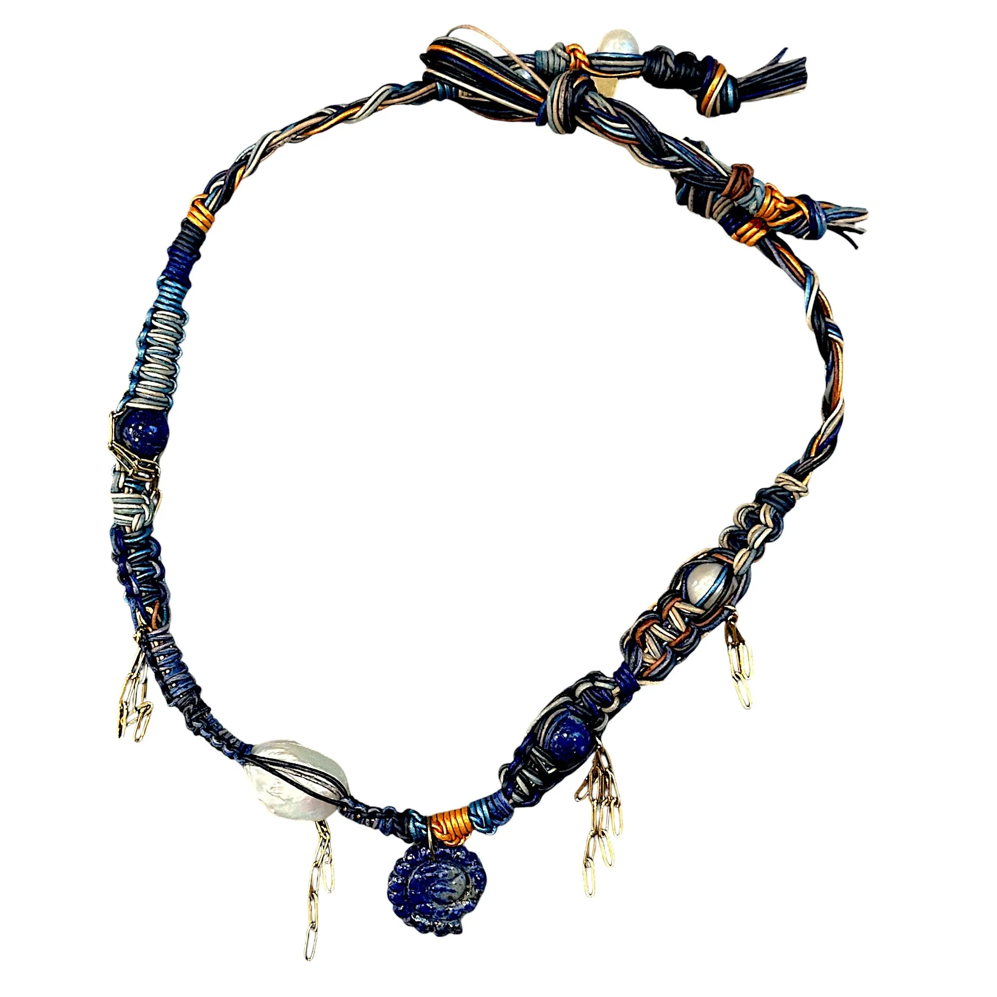 BLUE DREAM LAPIS SEASHELL LEATHER ROCKSTAR NECKLACE