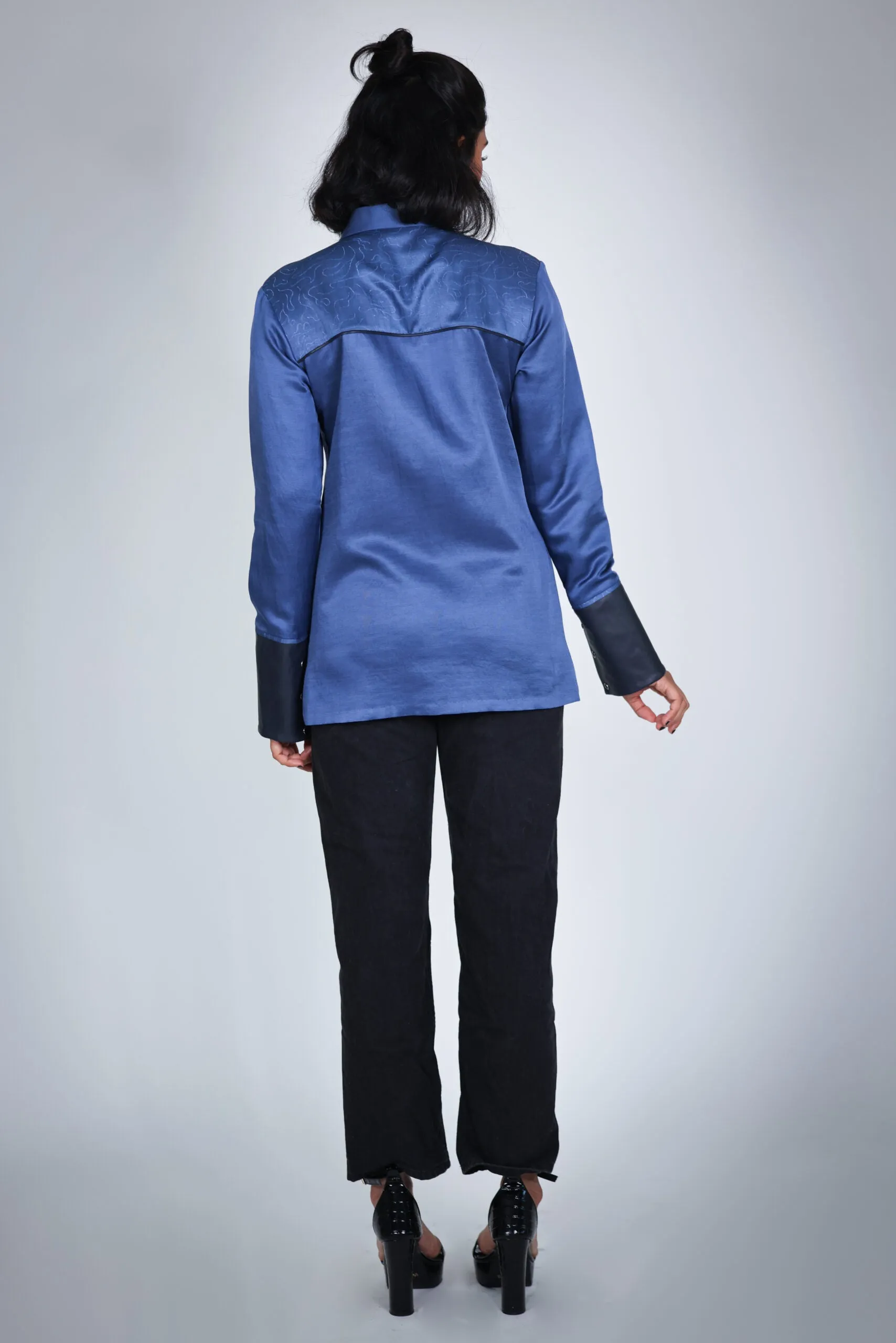 Blue Leather Cuff Shibori Shirt
