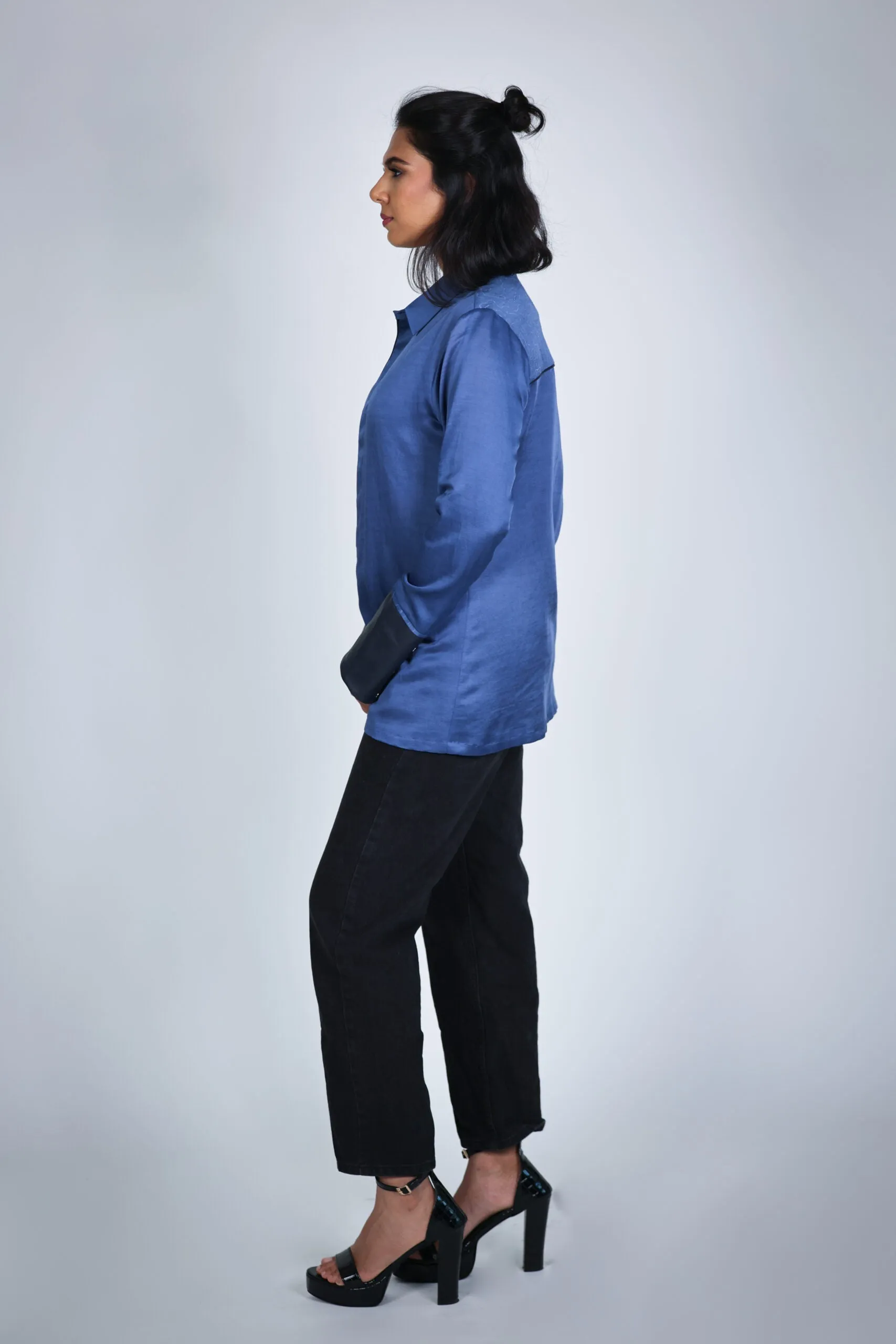 Blue Leather Cuff Shibori Shirt