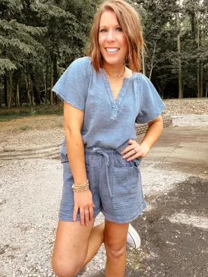 Blue Washed Linen Drawstring Shorts