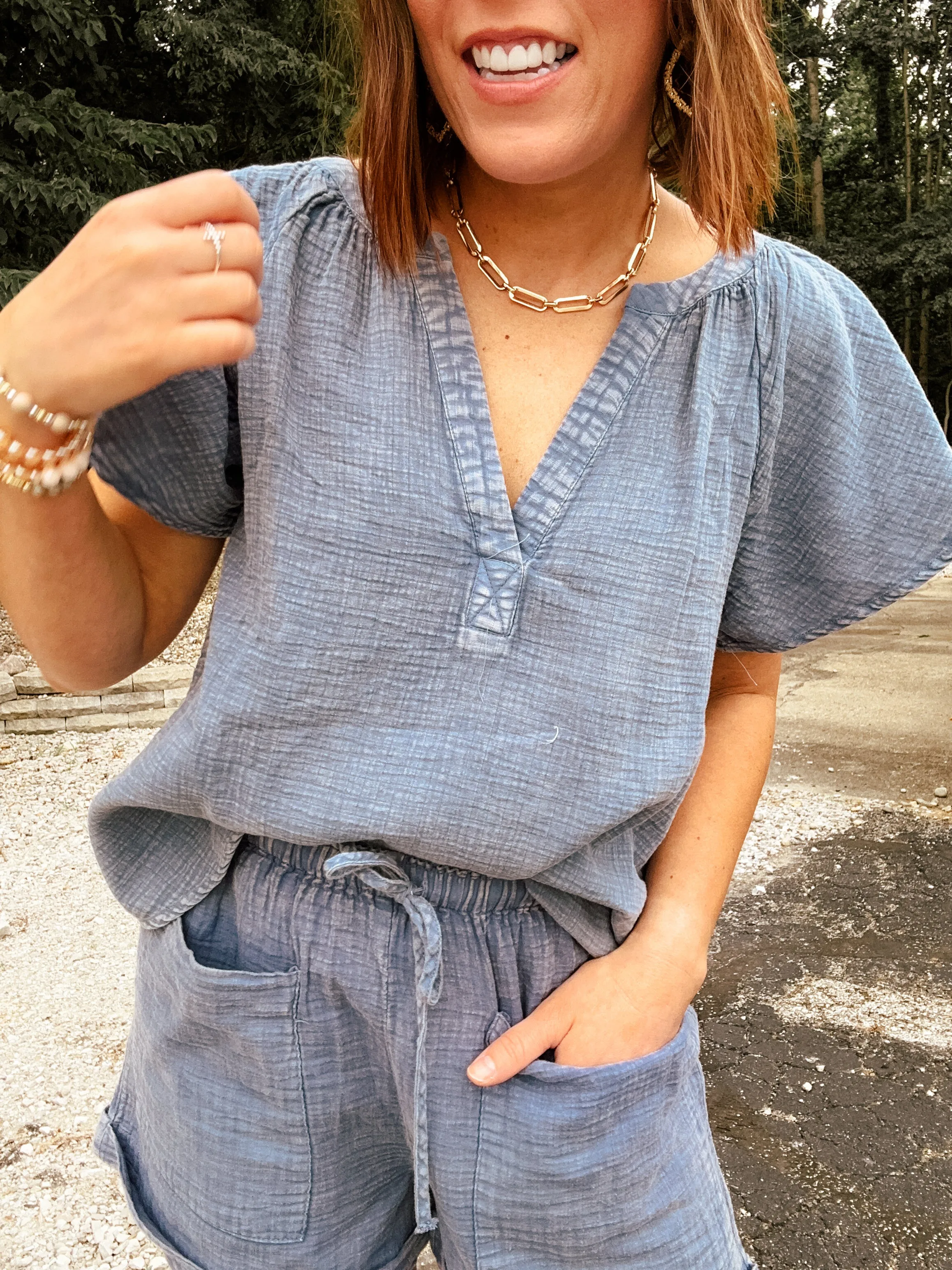 Blue Washed Linen Drawstring Shorts