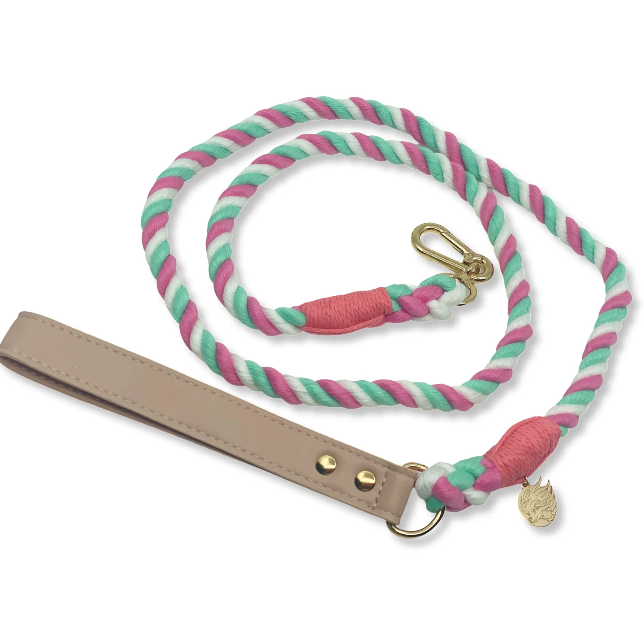 Braided Cotton Rope Dog Leash With Vegan Leather Handle - Macaron