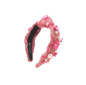 Brianna Cannon Pink & Tan Woven Headband with Flowers and Pearls