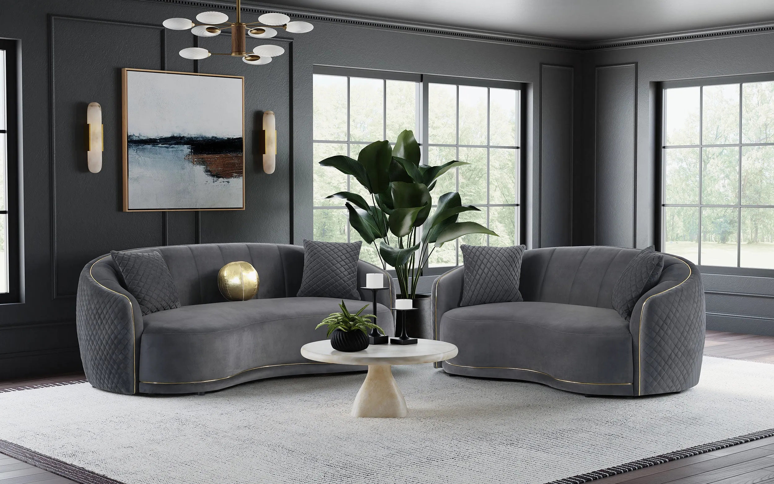 Brookside Velvet Upholstered Curved Sofa Dark Grey