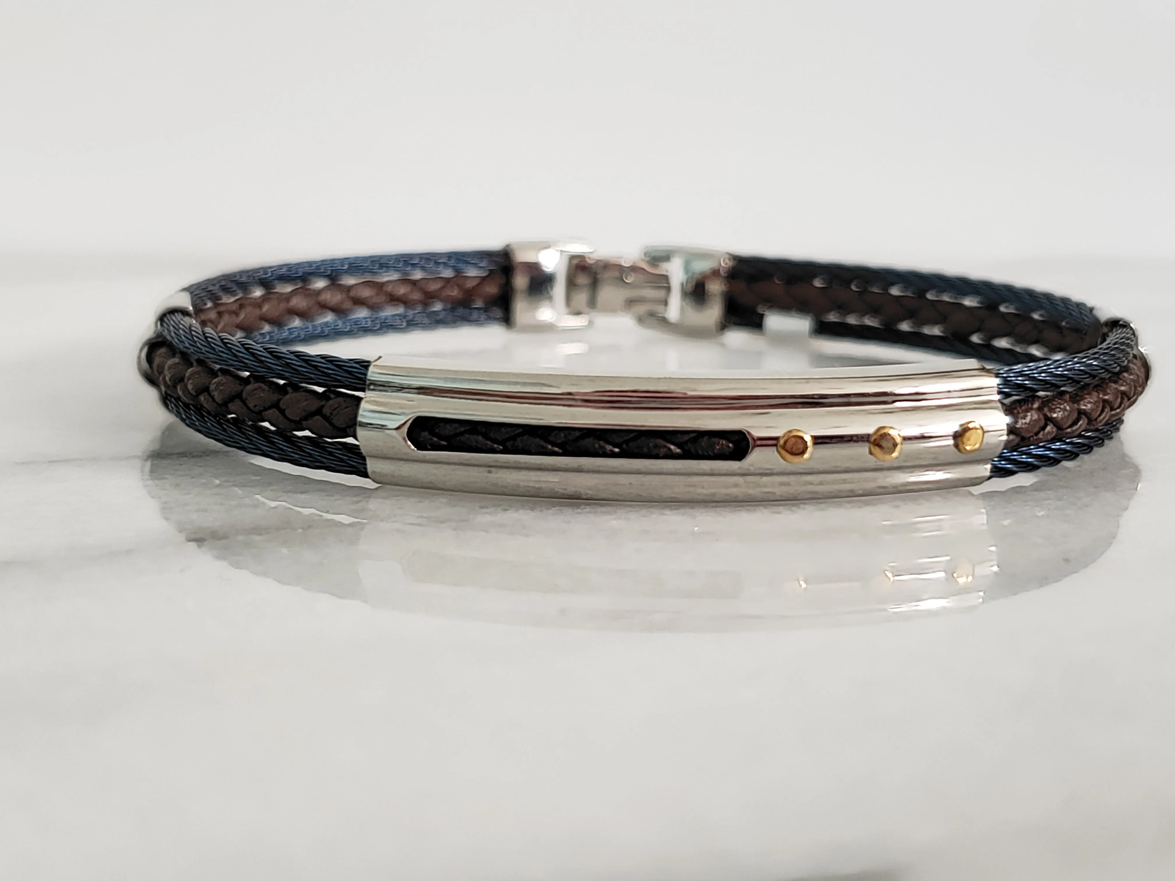 Brown Leather Blue Cable Bracelet