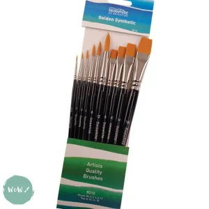 BRUSH SET - Artists Golden Synthetic Hair Brush set BS10- Sizes 00, 0, 2, 4, 6, 12 Round & 8, 10, 14, 18 Flat