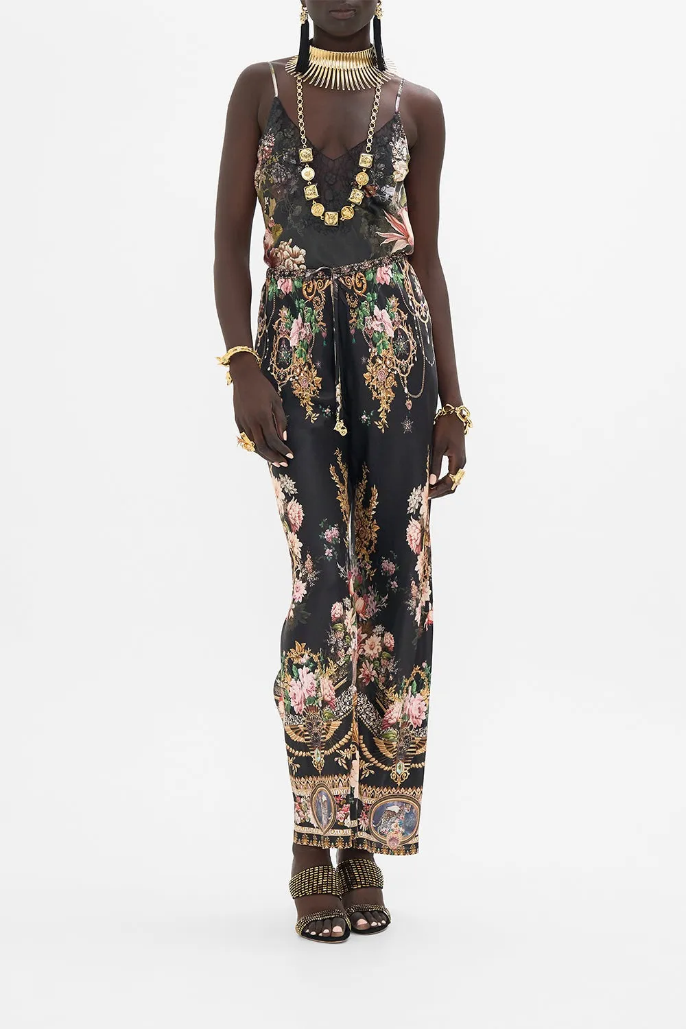 Camilla V-Neck Bias Cami with Lace and Embroidery in Dynasty Daze