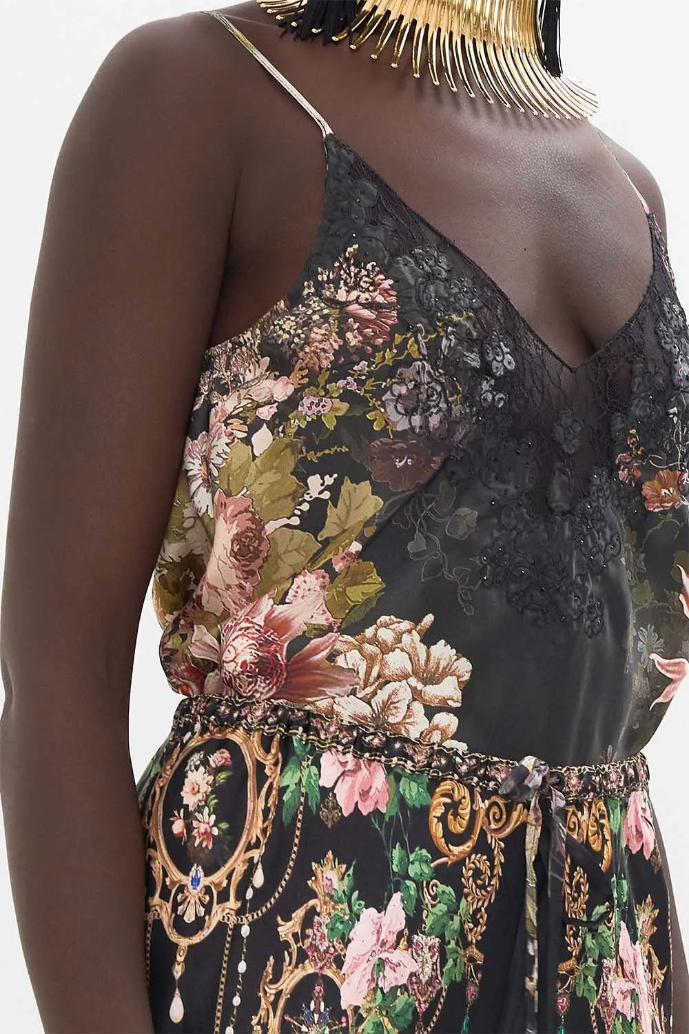 Camilla V-Neck Bias Cami with Lace and Embroidery in Dynasty Daze