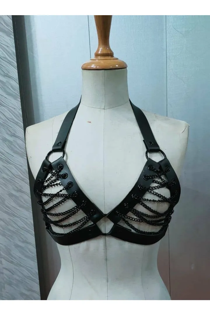 Candy Collection - Black Chain Lace-Up Bra Top Harness