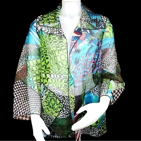 CAROLINE ROSE SILK MULTI PRINT 3/4 SLEEVES SHEER WRAP TOP TOPPER SZ XL