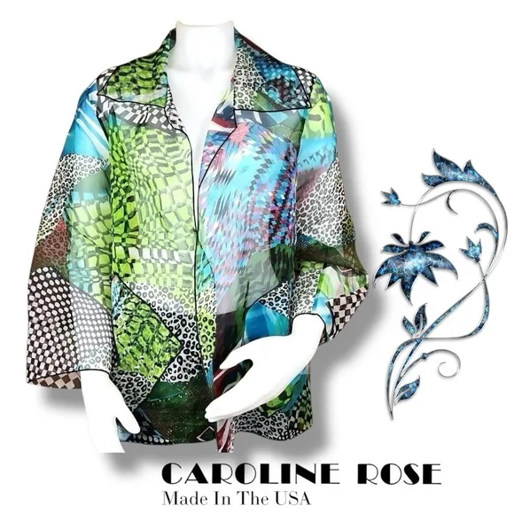 CAROLINE ROSE SILK MULTI PRINT 3/4 SLEEVES SHEER WRAP TOP TOPPER SZ XL