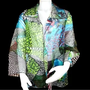 CAROLINE ROSE SILK MULTI PRINT 3/4 SLEEVES SHEER WRAP TOP TOPPER SZ XL