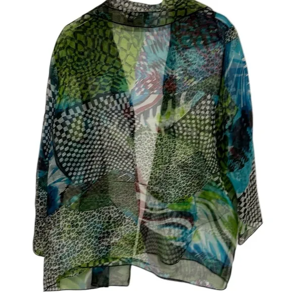 CAROLINE ROSE SILK MULTI PRINT 3/4 SLEEVES SHEER WRAP TOP TOPPER SZ XL