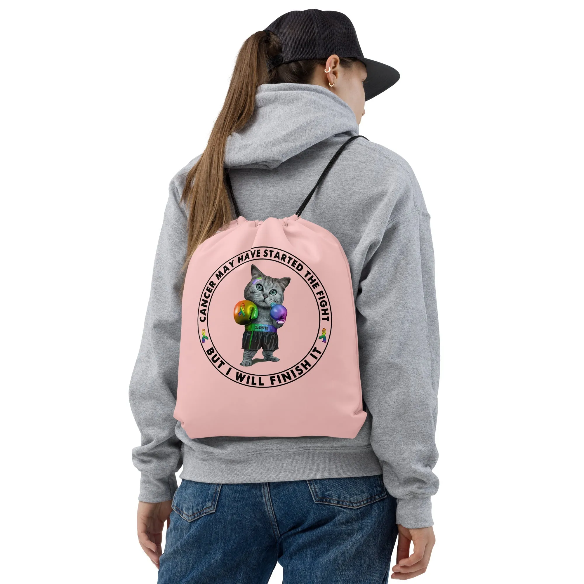 Cat Fights Cancer Drawstring Bag