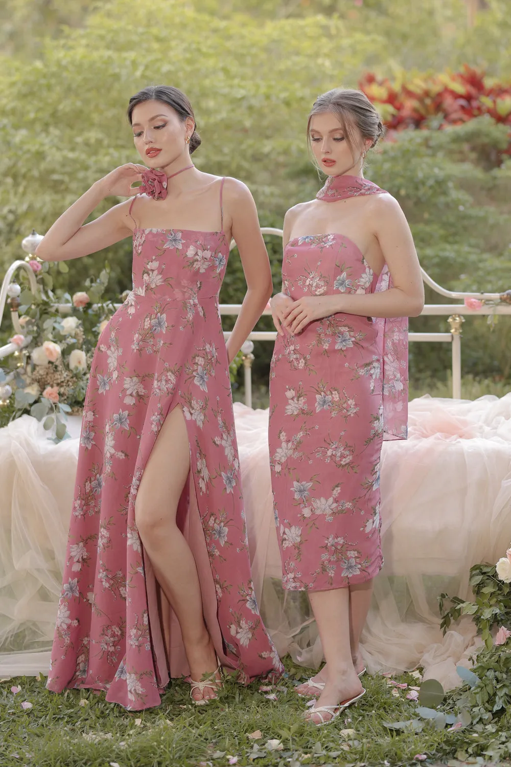 CELESTINA Strappy Slit Maxi Dress with Flower Neck Piece (Floral Mauve Chiffon)