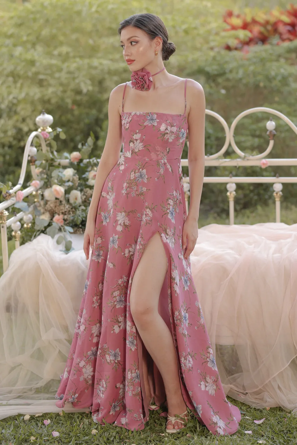 CELESTINA Strappy Slit Maxi Dress with Flower Neck Piece (Floral Mauve Chiffon)