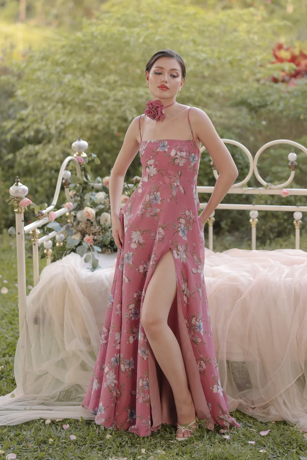 CELESTINA Strappy Slit Maxi Dress with Flower Neck Piece (Floral Mauve Chiffon)