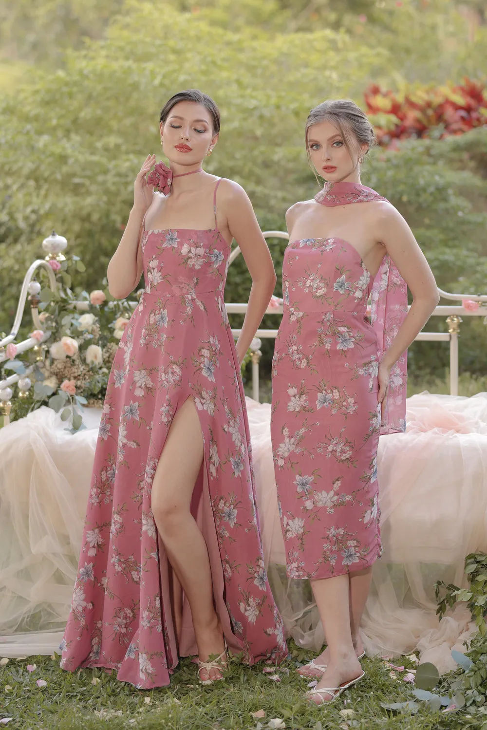 CELESTINA Strappy Slit Maxi Dress with Flower Neck Piece (Floral Mauve Chiffon)