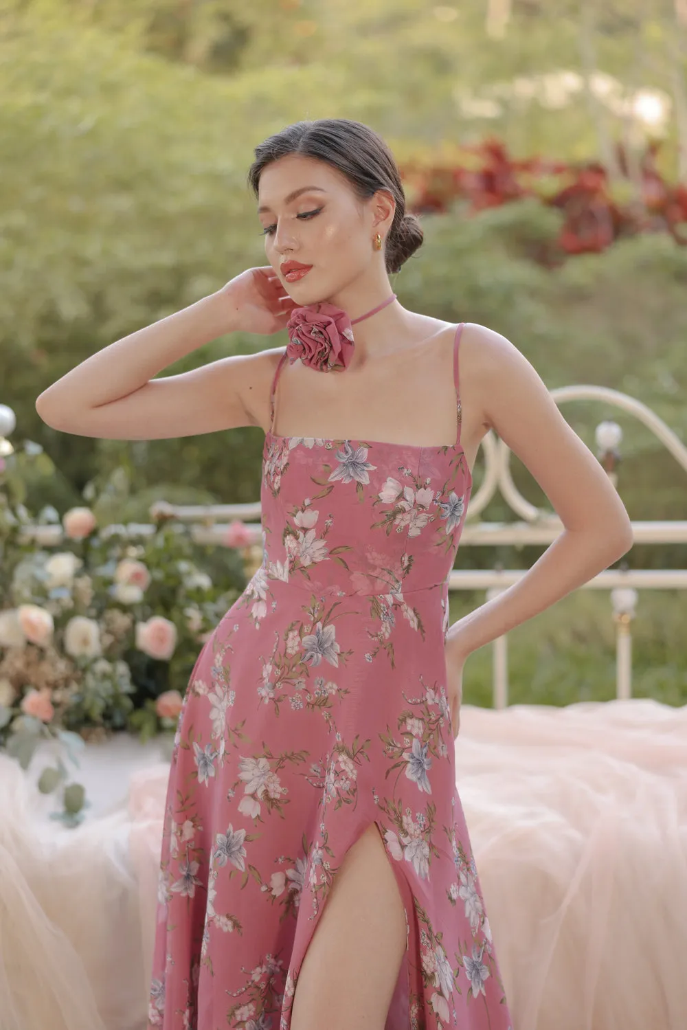 CELESTINA Strappy Slit Maxi Dress with Flower Neck Piece (Floral Mauve Chiffon)