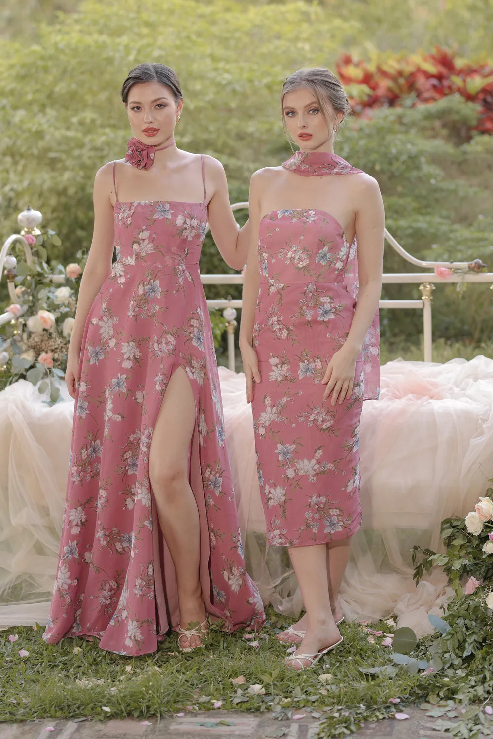 CELESTINA Strappy Slit Maxi Dress with Flower Neck Piece (Floral Mauve Chiffon)