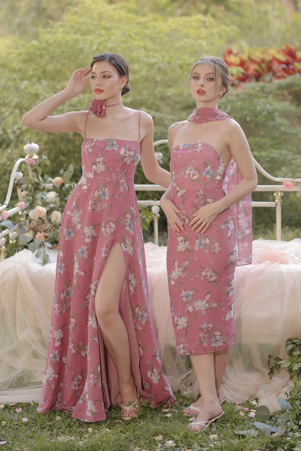 CELESTINA Strappy Slit Maxi Dress with Flower Neck Piece (Floral Mauve Chiffon)