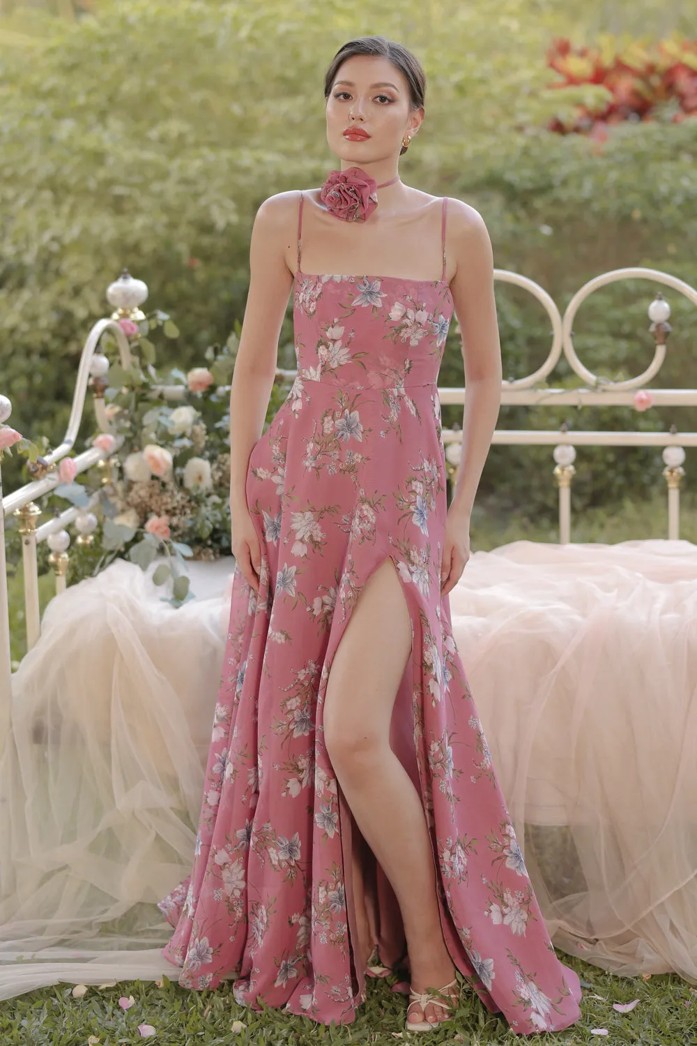 CELESTINA Strappy Slit Maxi Dress with Flower Neck Piece (Floral Mauve Chiffon)