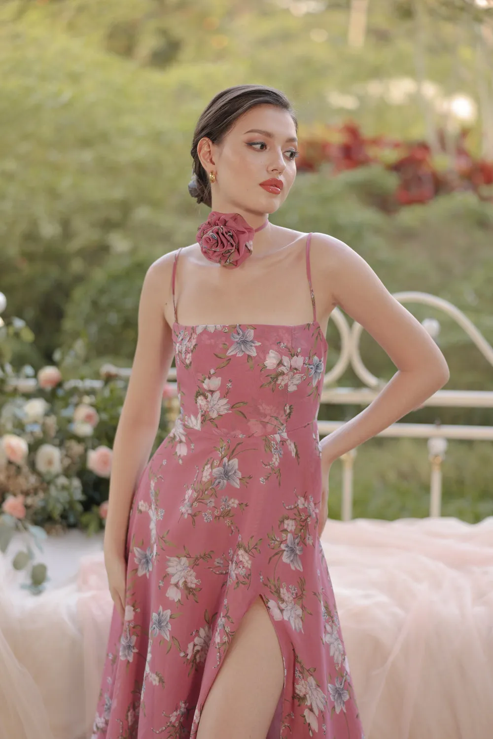 CELESTINA Strappy Slit Maxi Dress with Flower Neck Piece (Floral Mauve Chiffon)