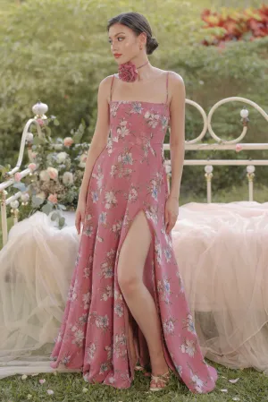 CELESTINA Strappy Slit Maxi Dress with Flower Neck Piece (Floral Mauve Chiffon)