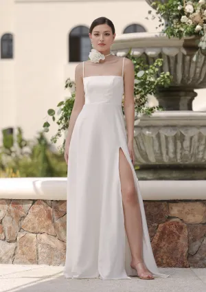 CELESTINA Strappy Slit Maxi Dress with Flower Neck Piece  (Ivory Silk Crepe)