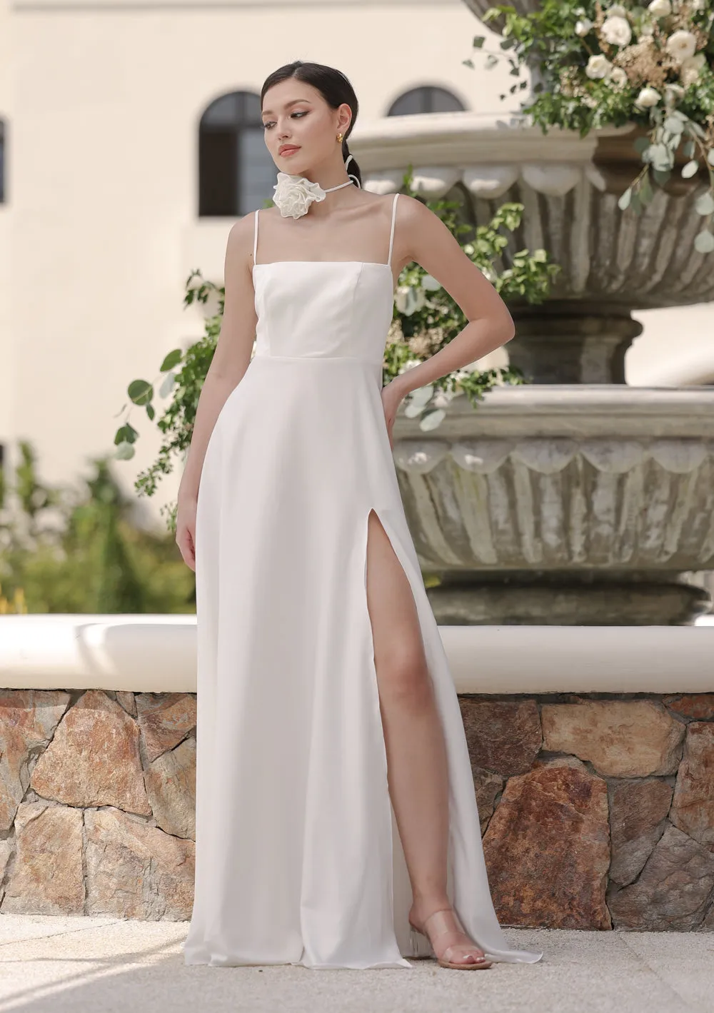 CELESTINA Strappy Slit Maxi Dress with Flower Neck Piece  (Ivory Silk Crepe)