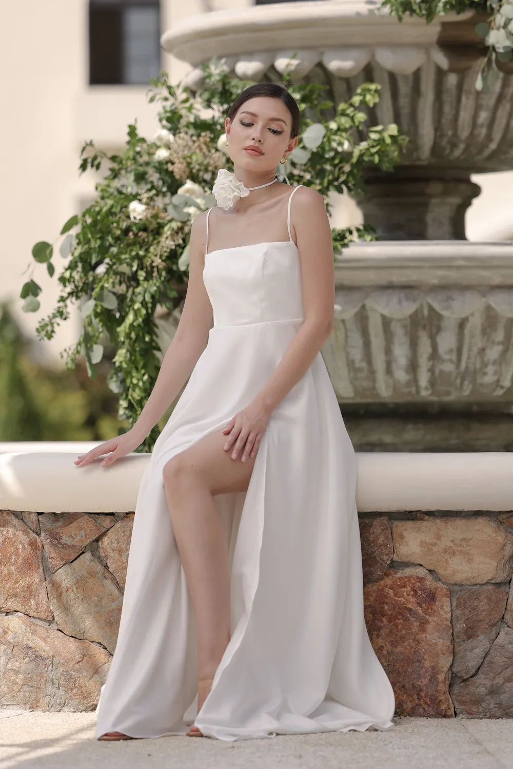 CELESTINA Strappy Slit Maxi Dress with Flower Neck Piece  (Ivory Silk Crepe)