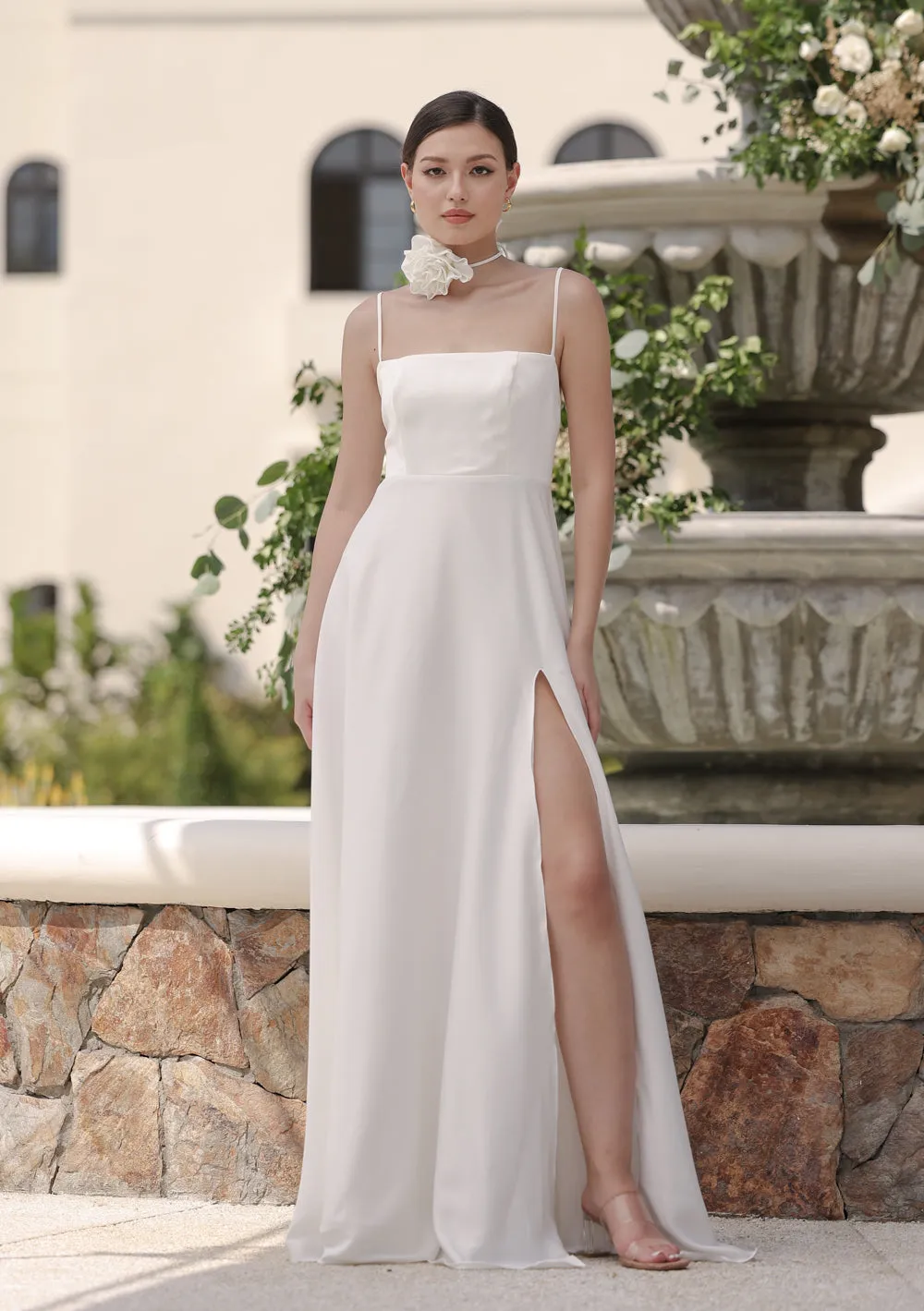 CELESTINA Strappy Slit Maxi Dress with Flower Neck Piece  (Ivory Silk Crepe)