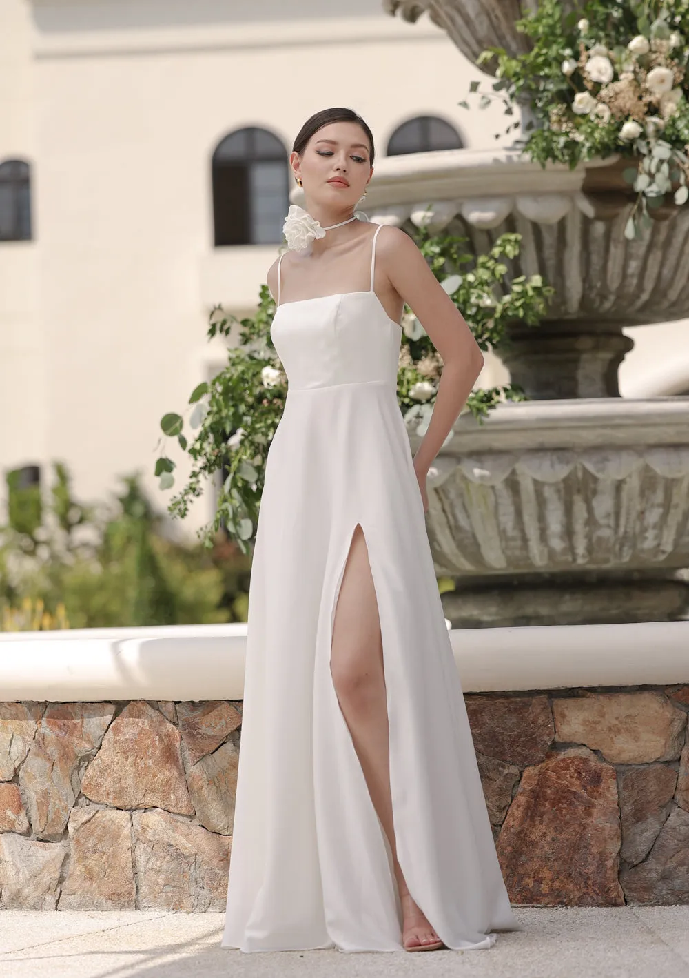 CELESTINA Strappy Slit Maxi Dress with Flower Neck Piece  (Ivory Silk Crepe)