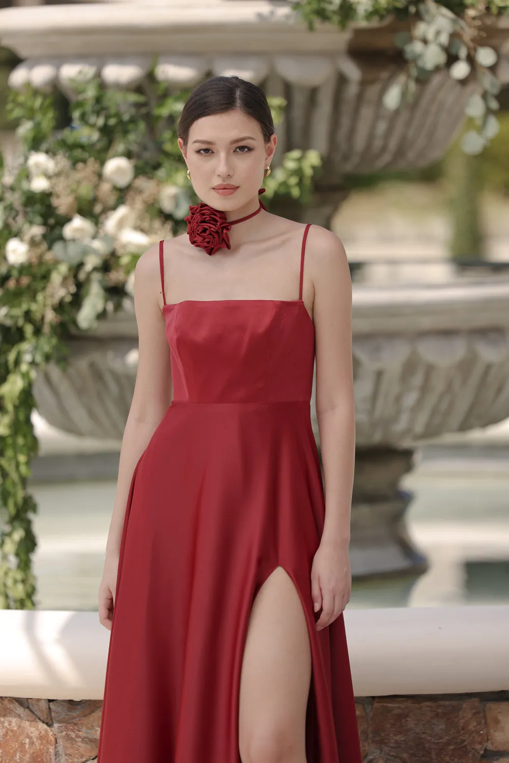 CELESTINA Strappy Slit Maxi Dress with Flower Neck Piece (Maroon Silk Crepe)