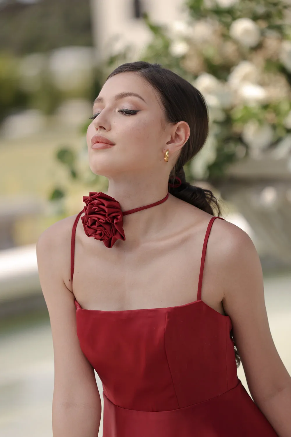 CELESTINA Strappy Slit Maxi Dress with Flower Neck Piece (Maroon Silk Crepe)