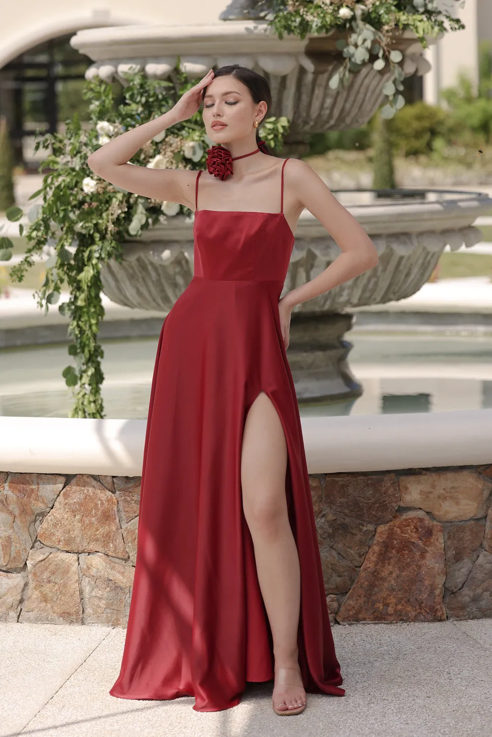CELESTINA Strappy Slit Maxi Dress with Flower Neck Piece (Maroon Silk Crepe)