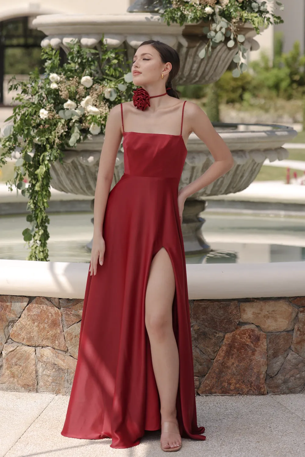CELESTINA Strappy Slit Maxi Dress with Flower Neck Piece (Maroon Silk Crepe)