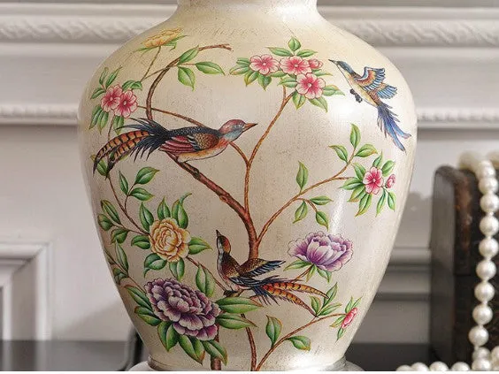 Ceramic Silver Trim Table Lamp with Colorful Flowers and Birds
