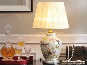 Ceramic Silver Trim Table Lamp with Colorful Flowers and Birds